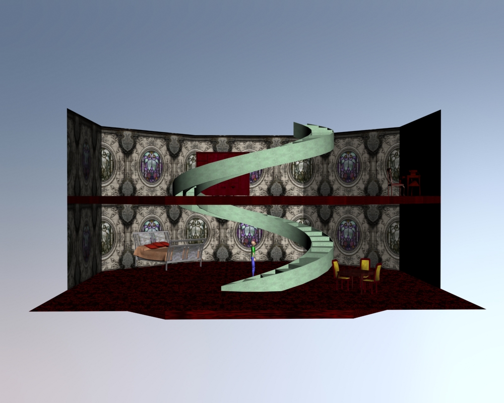 Here are the two floors.  The top has a bookcase and a desk.  The bottom has a dining table with chairs and a bed.